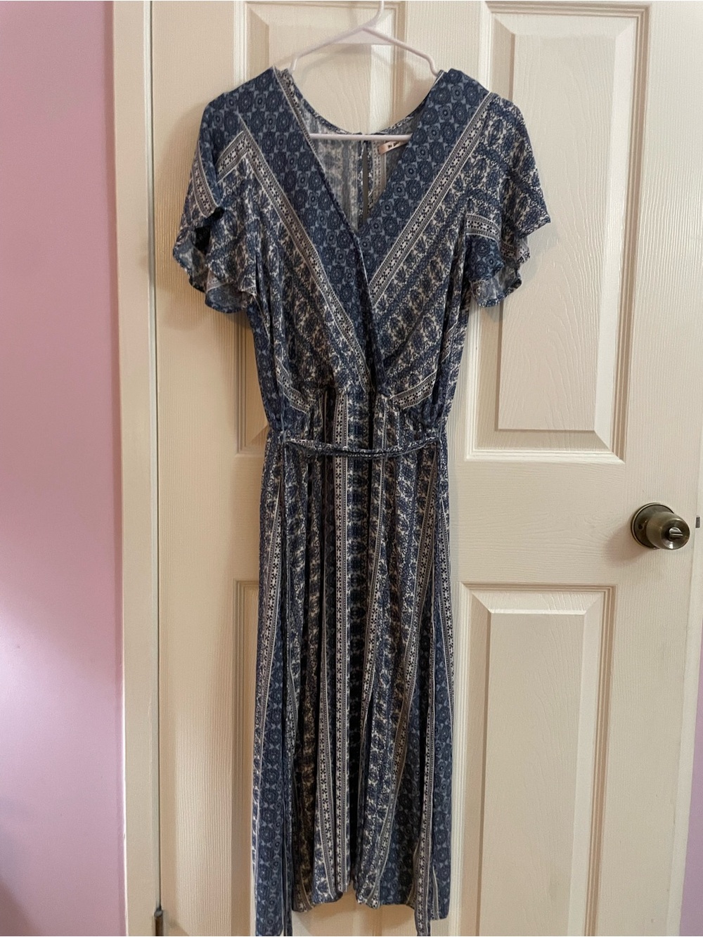 miami Blue Patterned Midi Dress with Flutter Sleeves